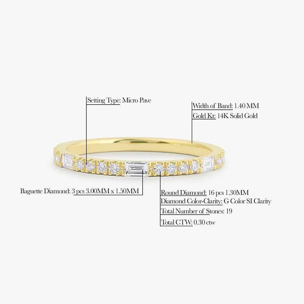 14K Gold Baguette and Round Cut Diamond Wedding Band