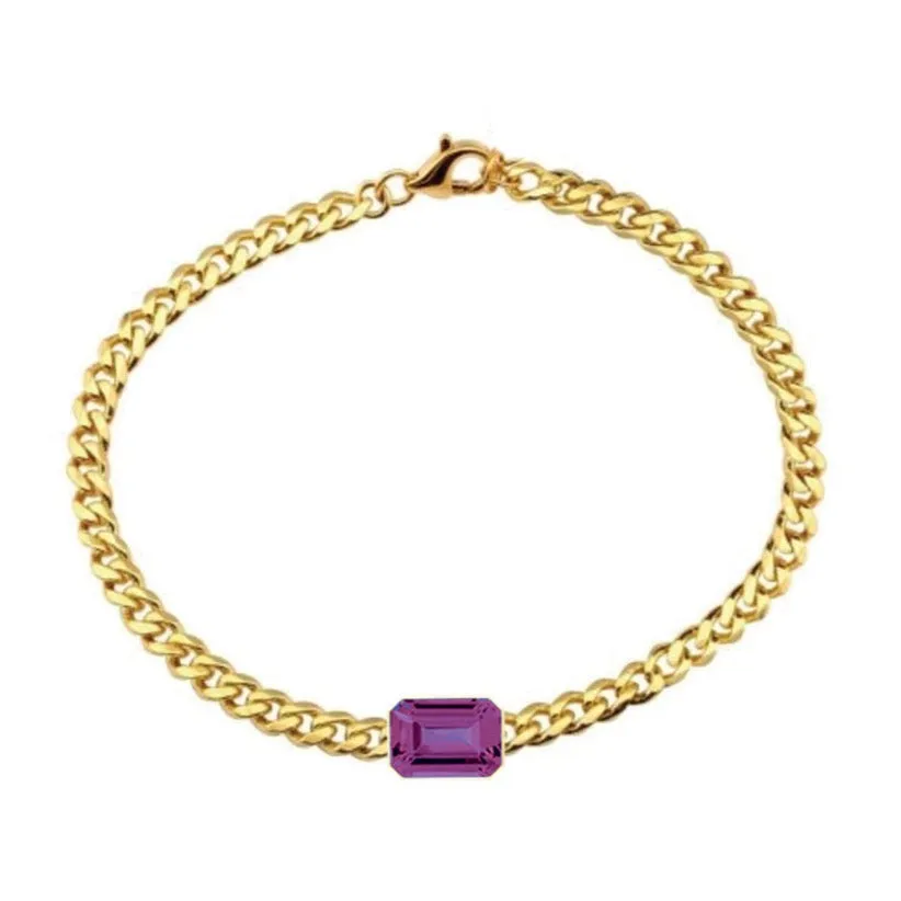 14K Yellow Gold Bezel Emerald Cut Amethyst Cuban Chain Bracelet
