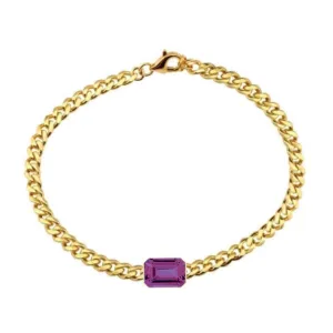 14K Yellow Gold Bezel Emerald Cut Amethyst Cuban Chain Bracelet