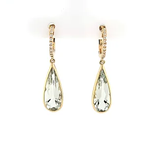 14k Yellow Gold Green Amethyst Dangle Earrings (I8016)