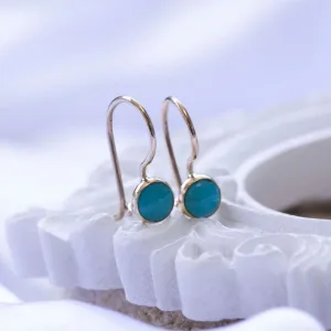 14K Yellow Gold Round Turquoise 4mm Dangle Earrings