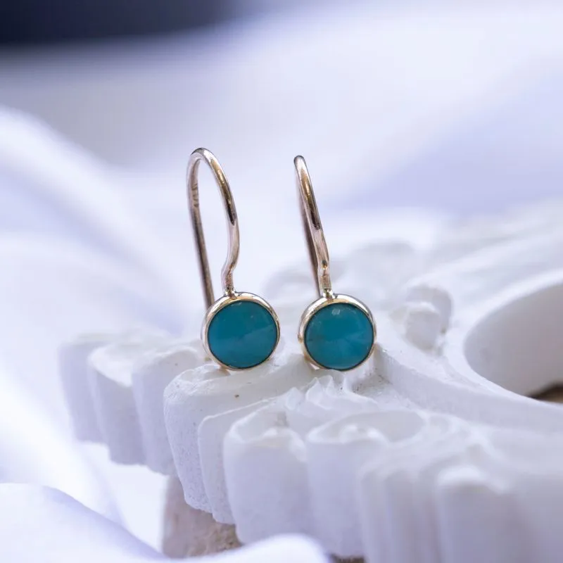 14K Yellow Gold Round Turquoise 4mm Dangle Earrings