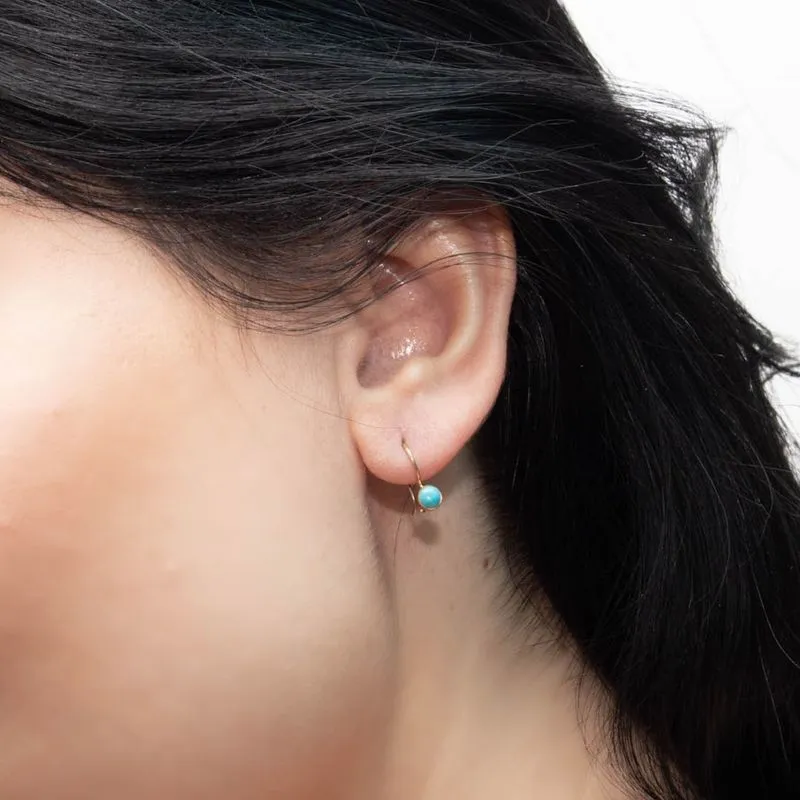 14K Yellow Gold Round Turquoise 4mm Dangle Earrings