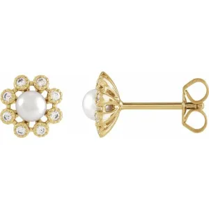 14K Yellow or White Gold Cultured White Freshwater Pearl & 1/8 CTW Natural Diamond Halo Earrings