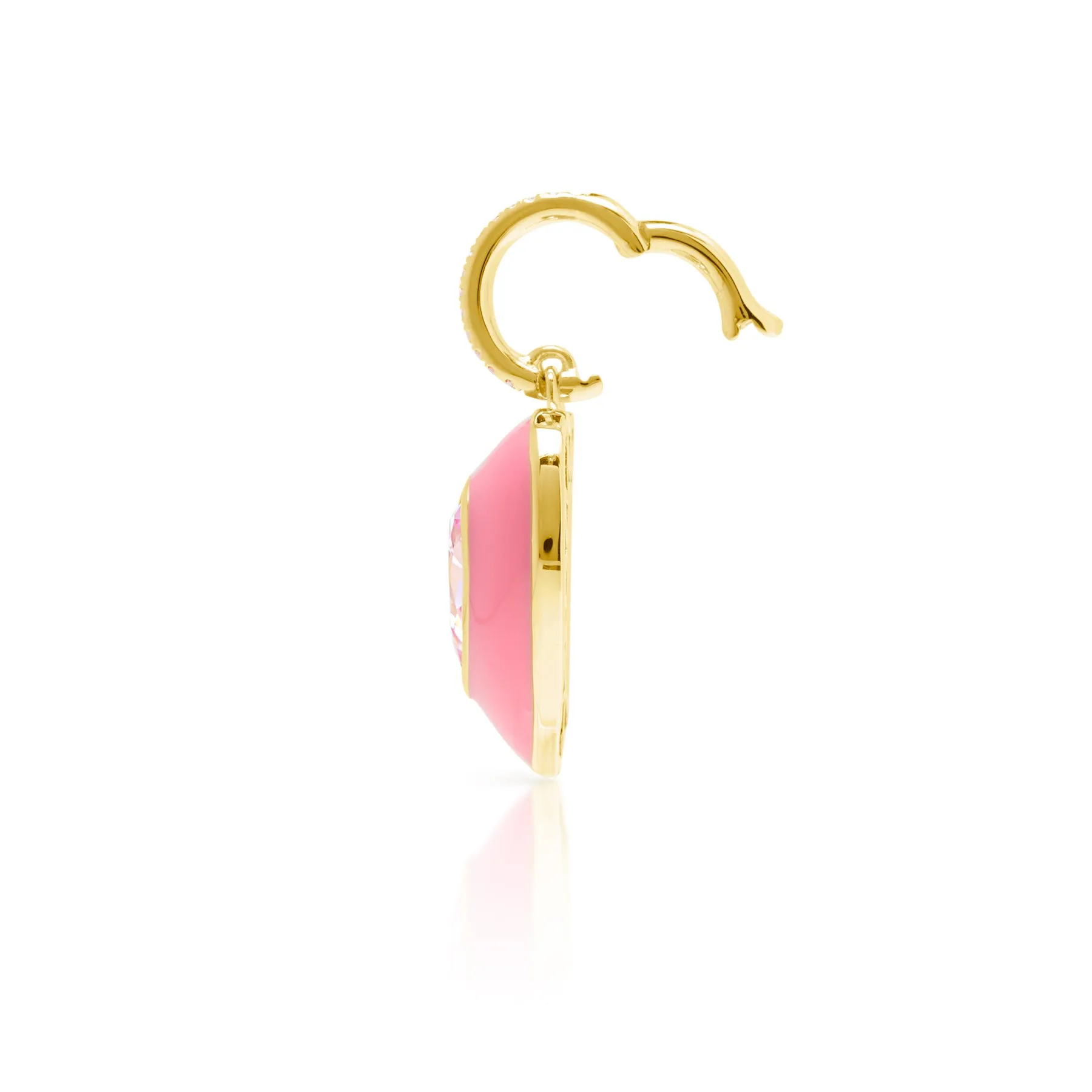 14KT Yellow Gold Pink Topaz Pink Enamel Heart Charm with Diamond Clip on Bail