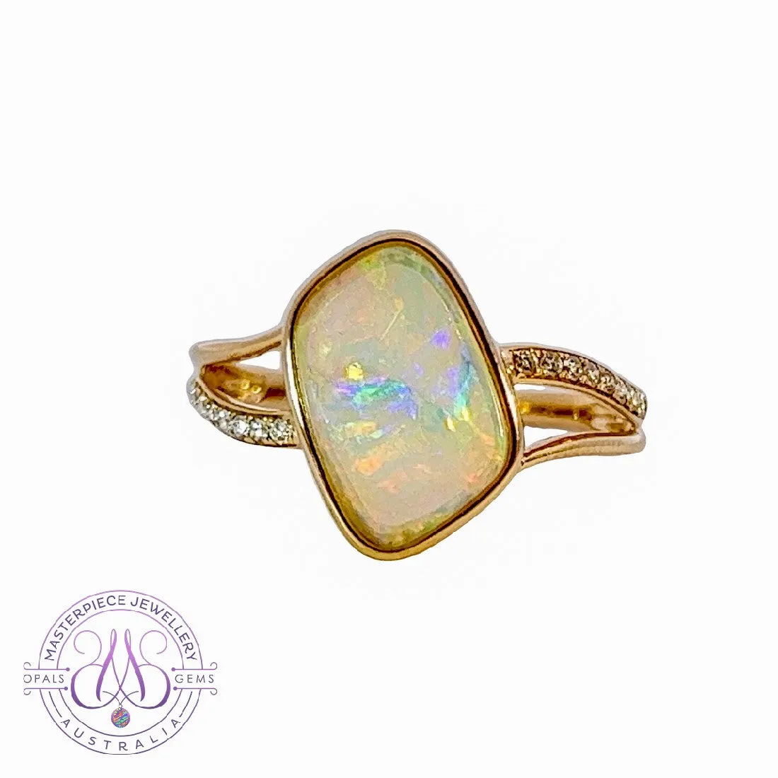 14kt Yellow Gold wave split shank White Opal ring
