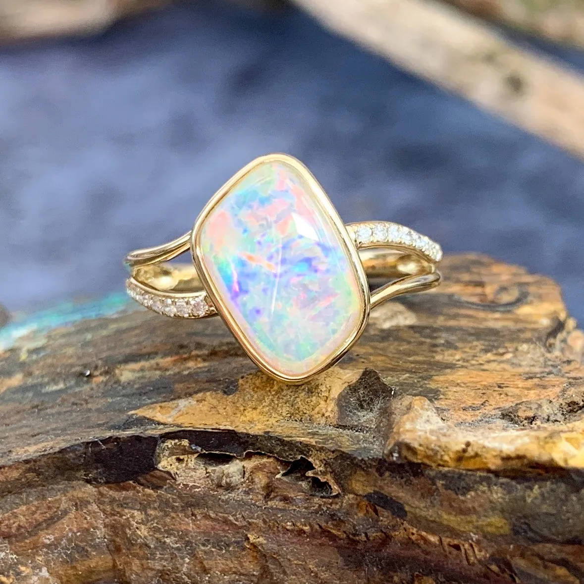 14kt Yellow Gold wave split shank White Opal ring