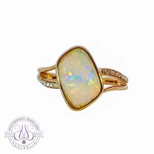14kt Yellow Gold wave split shank White Opal ring
