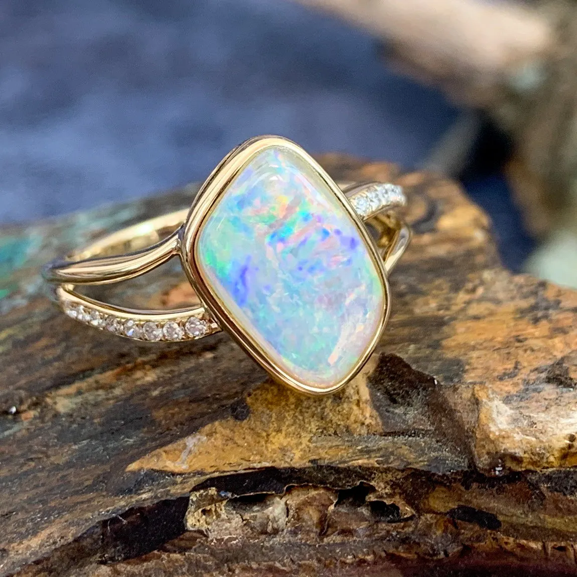 14kt Yellow Gold wave split shank White Opal ring