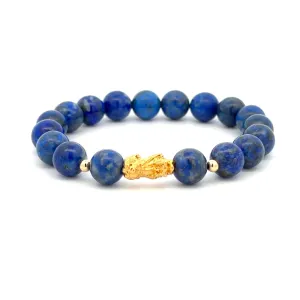 18K Gold Dragon Pixiu Piyao Lucky Charm Beads Bracelet Gemstones Lapis Lazuli 8mm