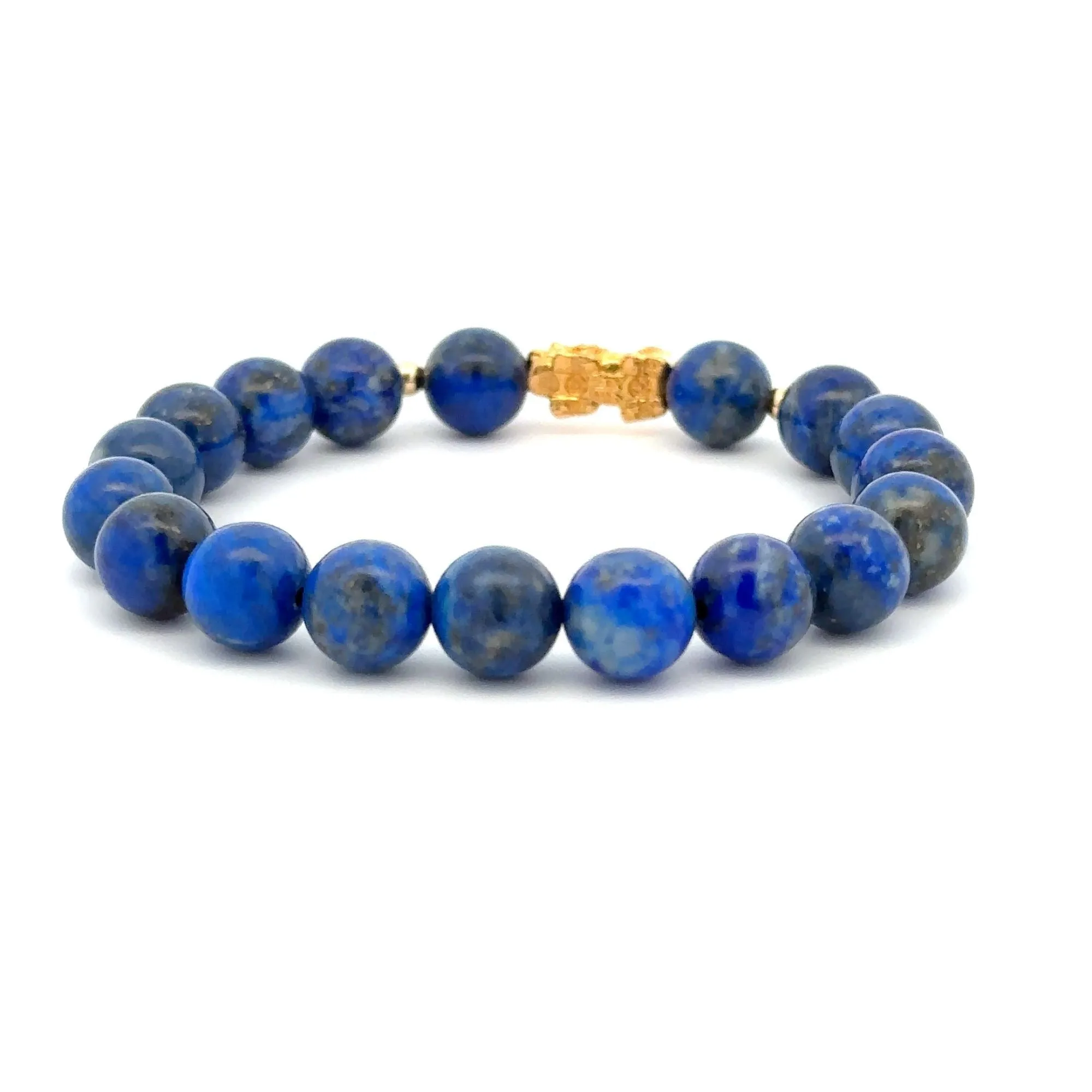 18K Gold Dragon Pixiu Piyao Lucky Charm Beads Bracelet Gemstones Lapis Lazuli 8mm