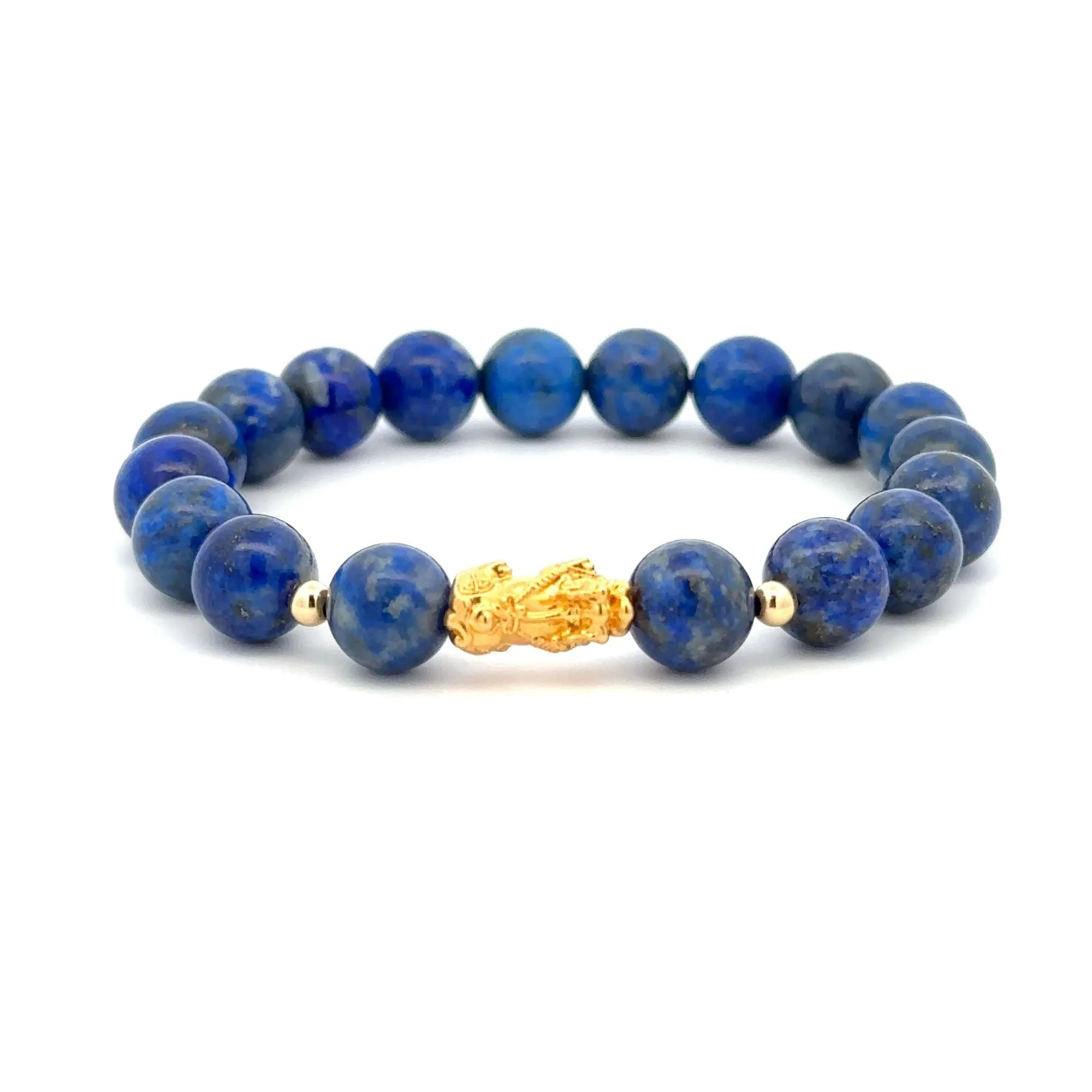 18K Gold Dragon Pixiu Piyao Lucky Charm Beads Bracelet Gemstones Lapis Lazuli 8mm