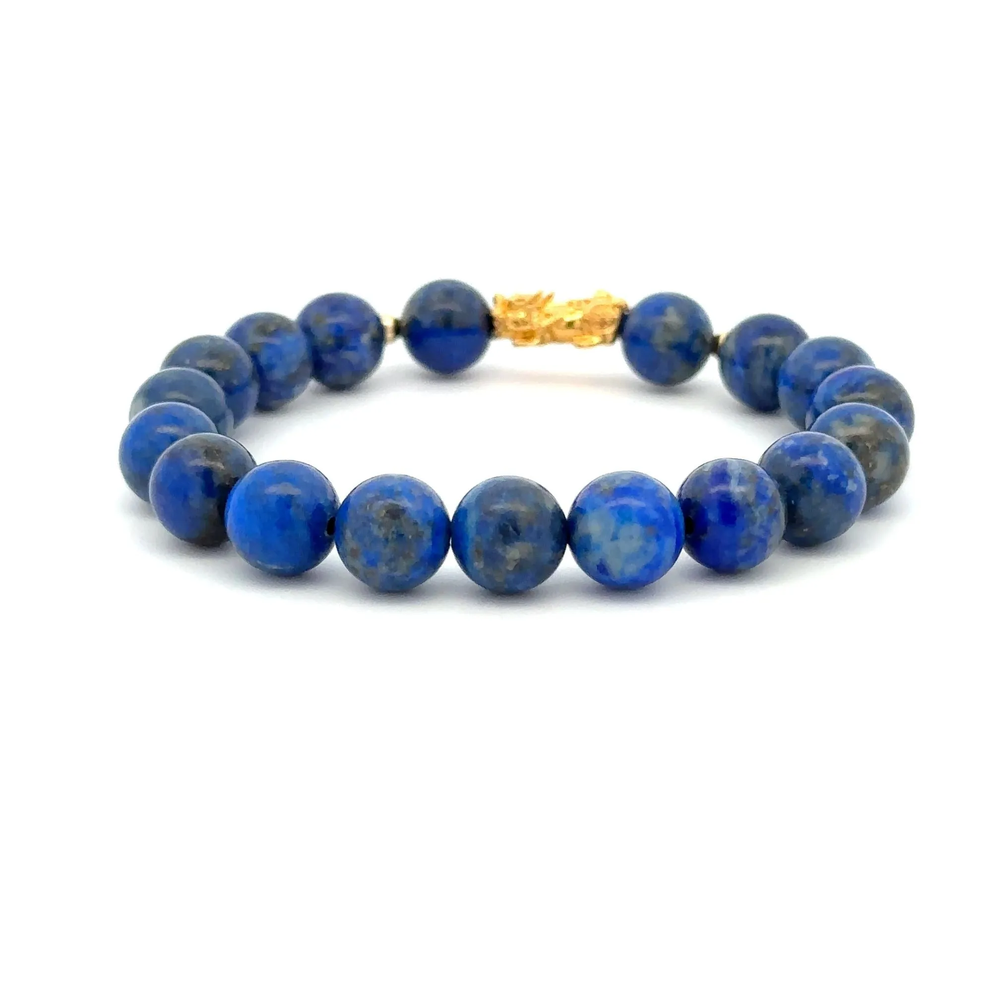18K Gold Dragon Pixiu Piyao Lucky Charm Beads Bracelet Gemstones Lapis Lazuli 8mm