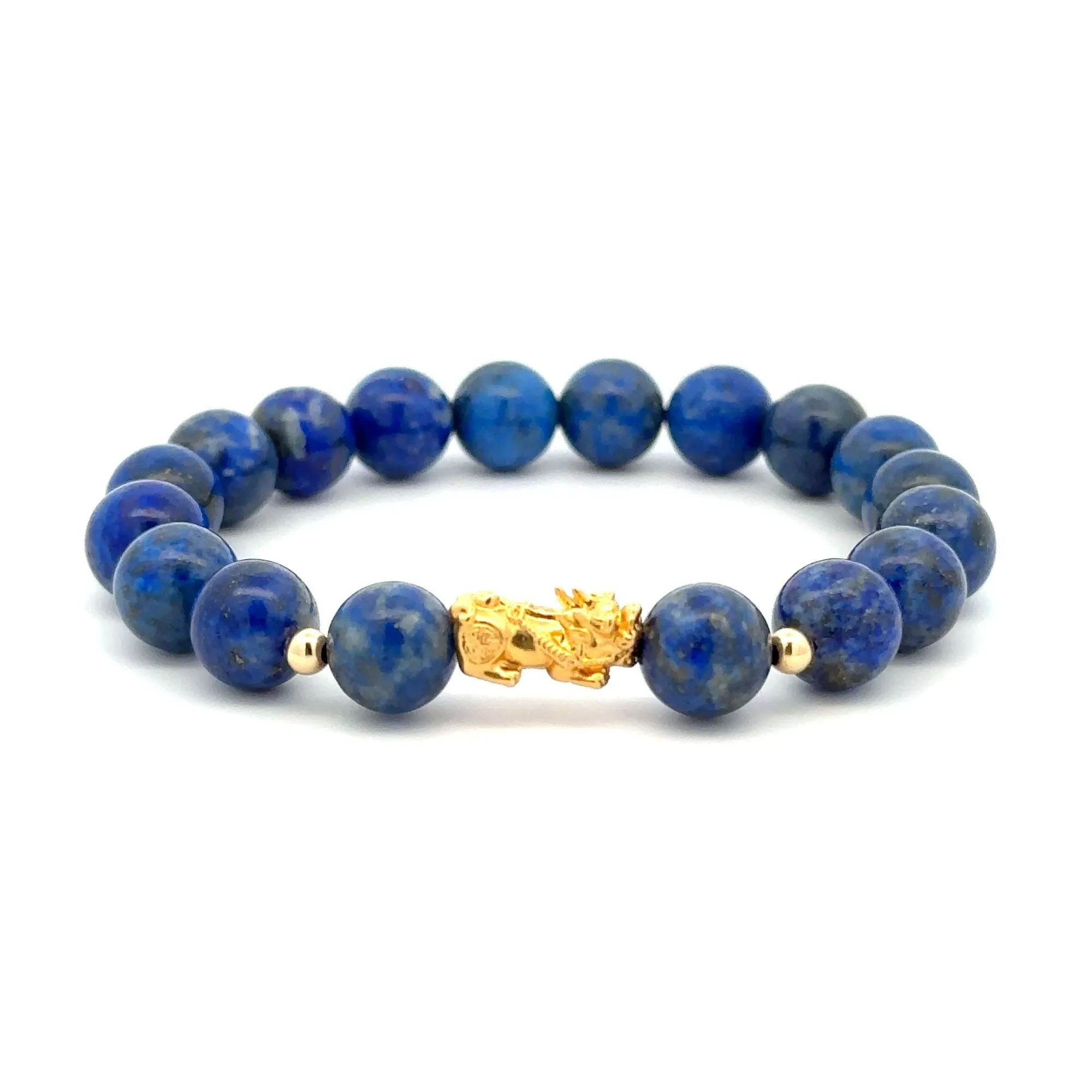 18K Gold Dragon Pixiu Piyao Lucky Charm Beads Bracelet Gemstones Lapis Lazuli 8mm