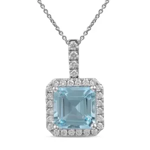 18K White Gold Asscher Cut Aquamarine with Diamond Halo Pendant