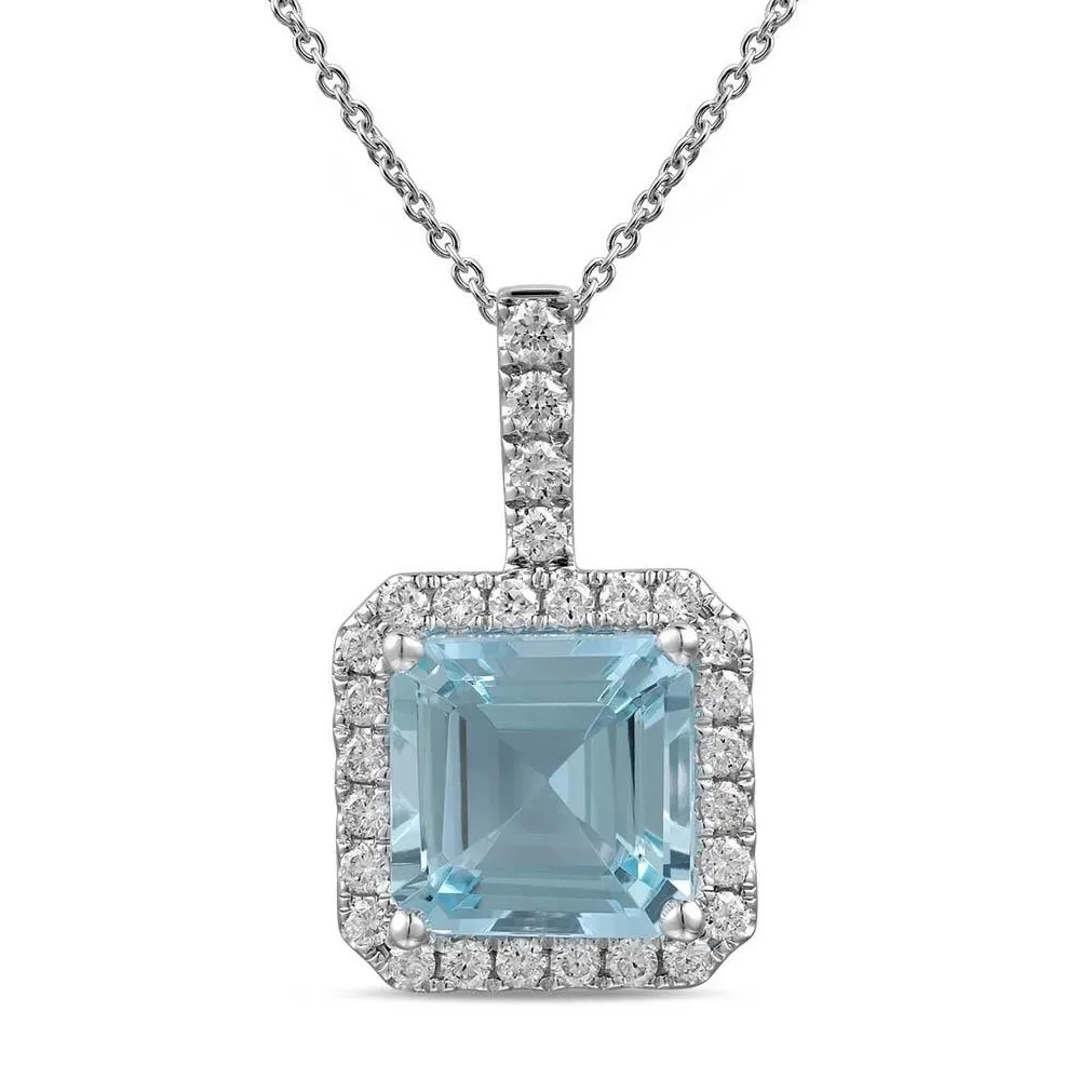 18K White Gold Asscher Cut Aquamarine with Diamond Halo Pendant