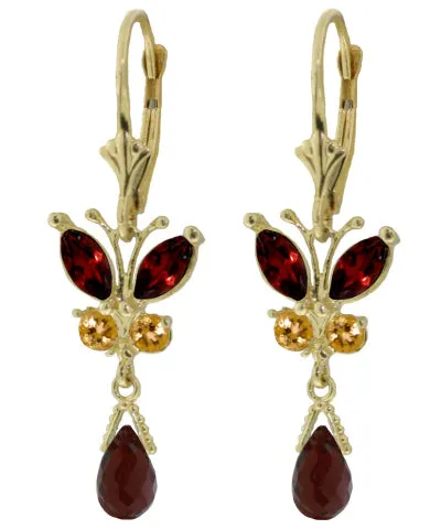 2.74 Carat 14K Solid White Gold Butterfly Earrings Natural Garnet Citrine