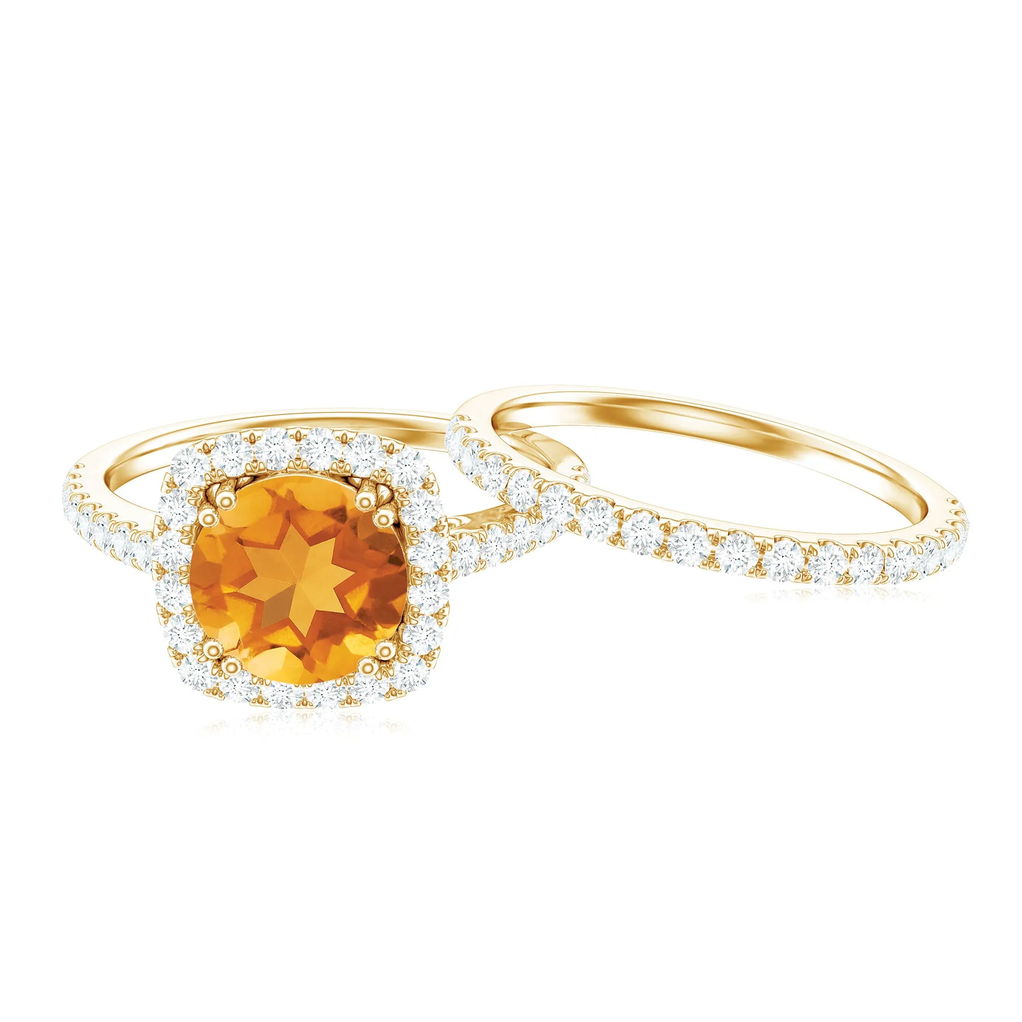 2.75 CT Citrine Classic Halo Wedding Ring Set with Moissanite Band