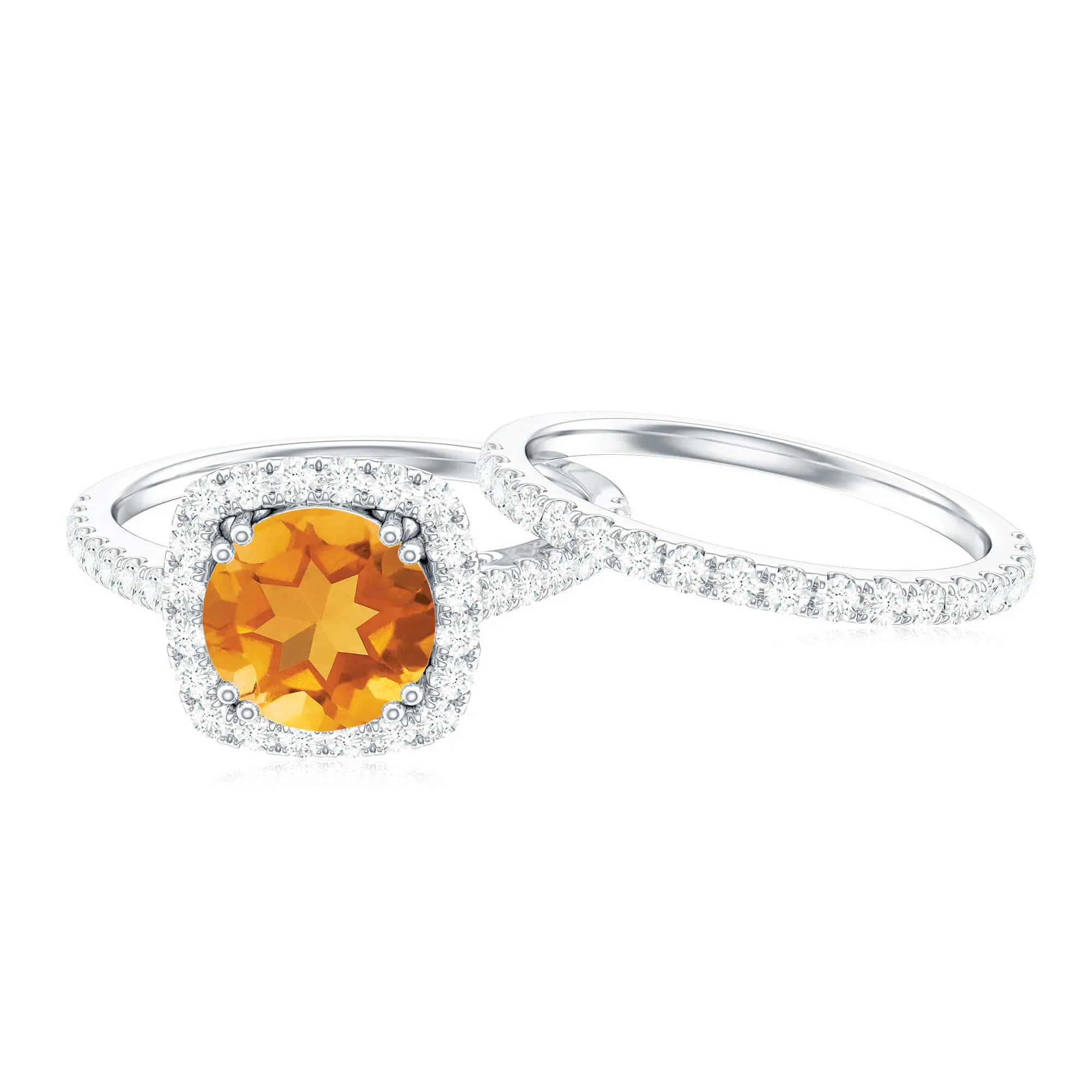 2.75 CT Citrine Classic Halo Wedding Ring Set with Moissanite Band