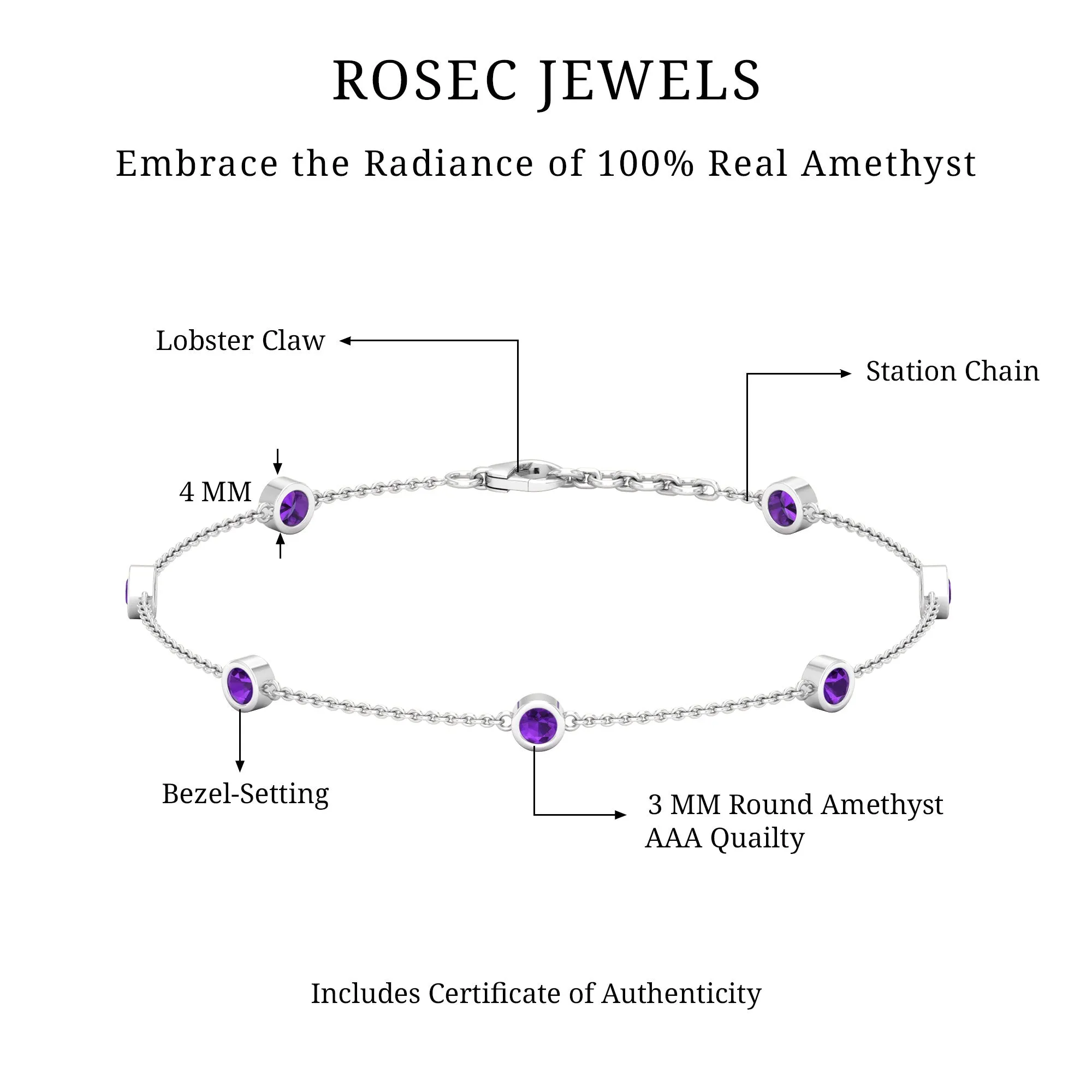 3/4 CT Bezel Set Amethyst Station Chain Bracelet