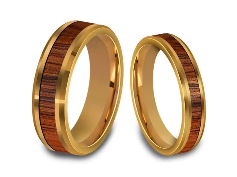 4MM/6MM HAWAIIAN KOA WOOD Tungsten Wedding Band Set BEVELED AND YELLOW INTERIOR