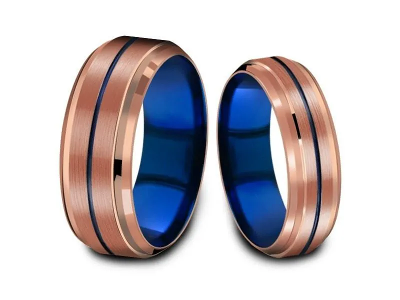 6MM/8MM ROSE GOLD Tungsten Wedding Band Set BLUE CENTER AND BLUE INTERIOR