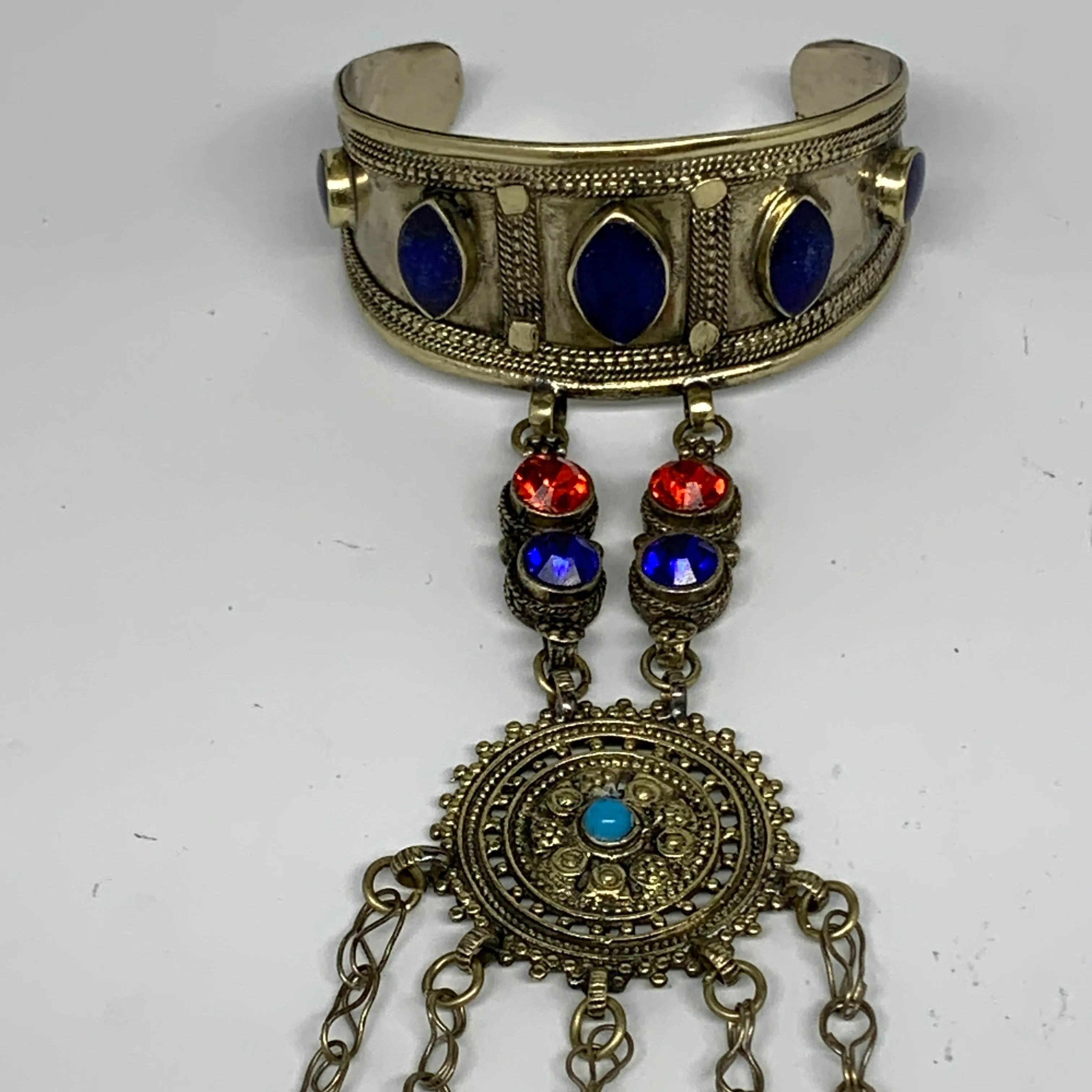 88.1g, 7.25" Tribal Turkmen Lapis Inlay 5 Finger Cuff Bracelet @Afghanistan, B13