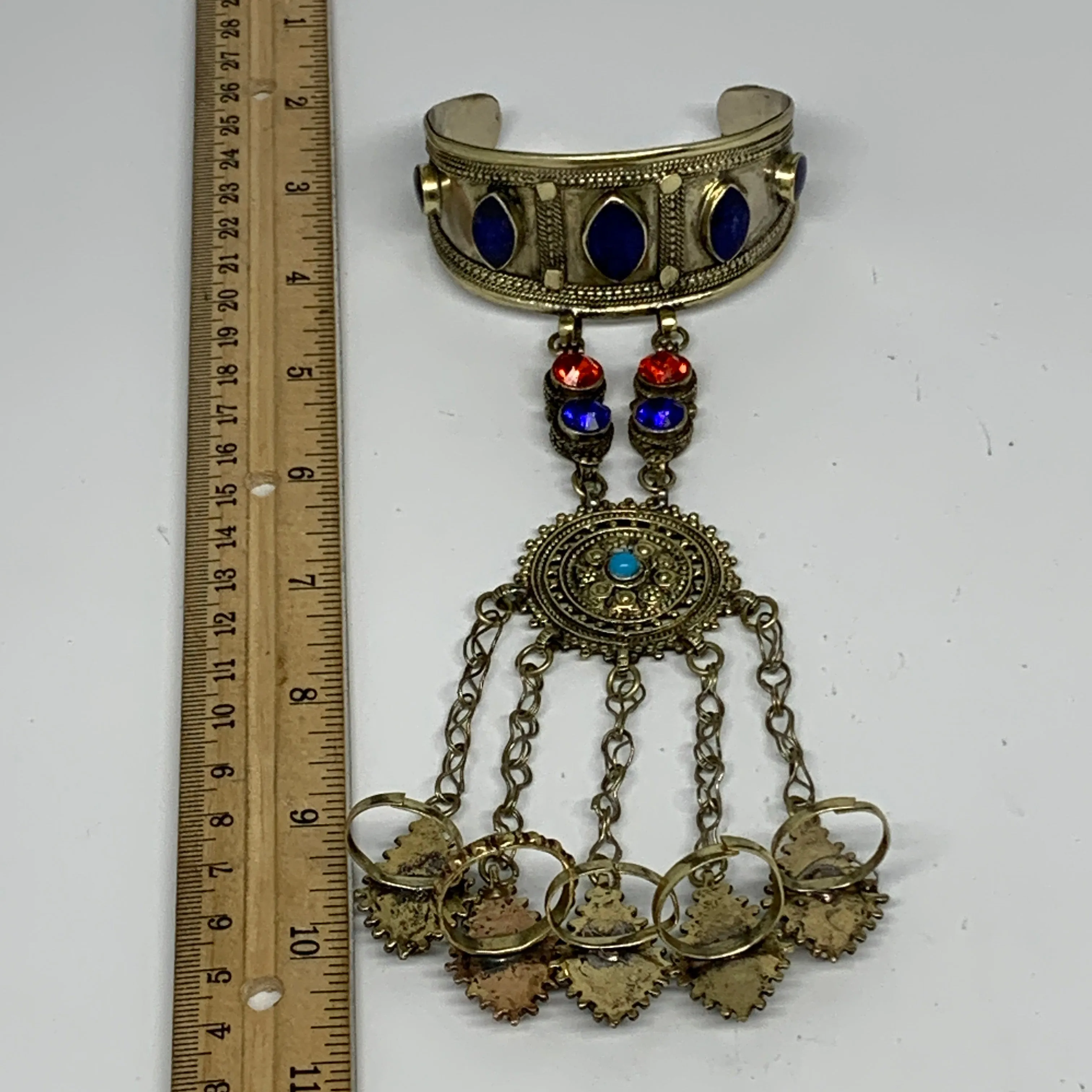 88.1g, 7.25" Tribal Turkmen Lapis Inlay 5 Finger Cuff Bracelet @Afghanistan, B13