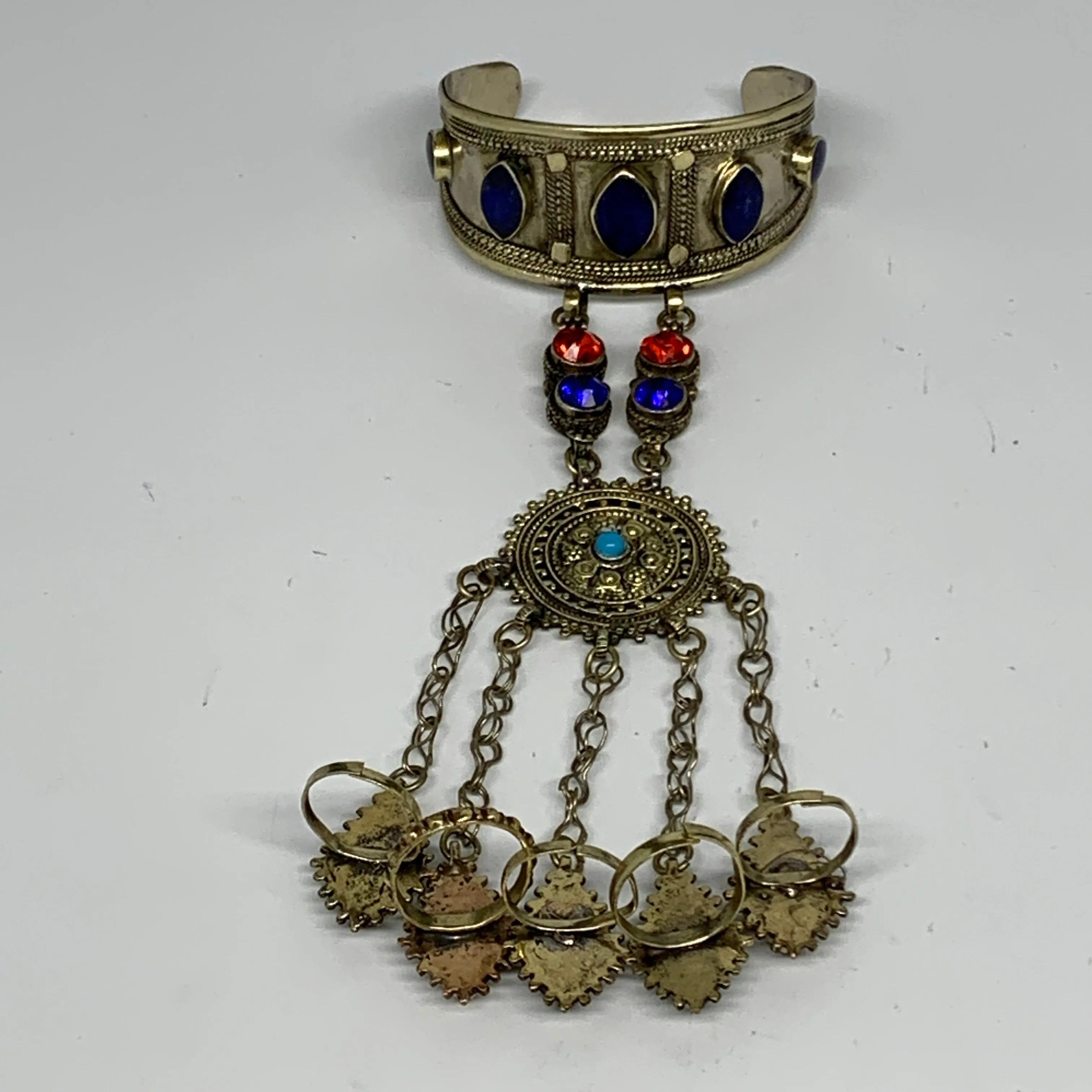 88.1g, 7.25" Tribal Turkmen Lapis Inlay 5 Finger Cuff Bracelet @Afghanistan, B13