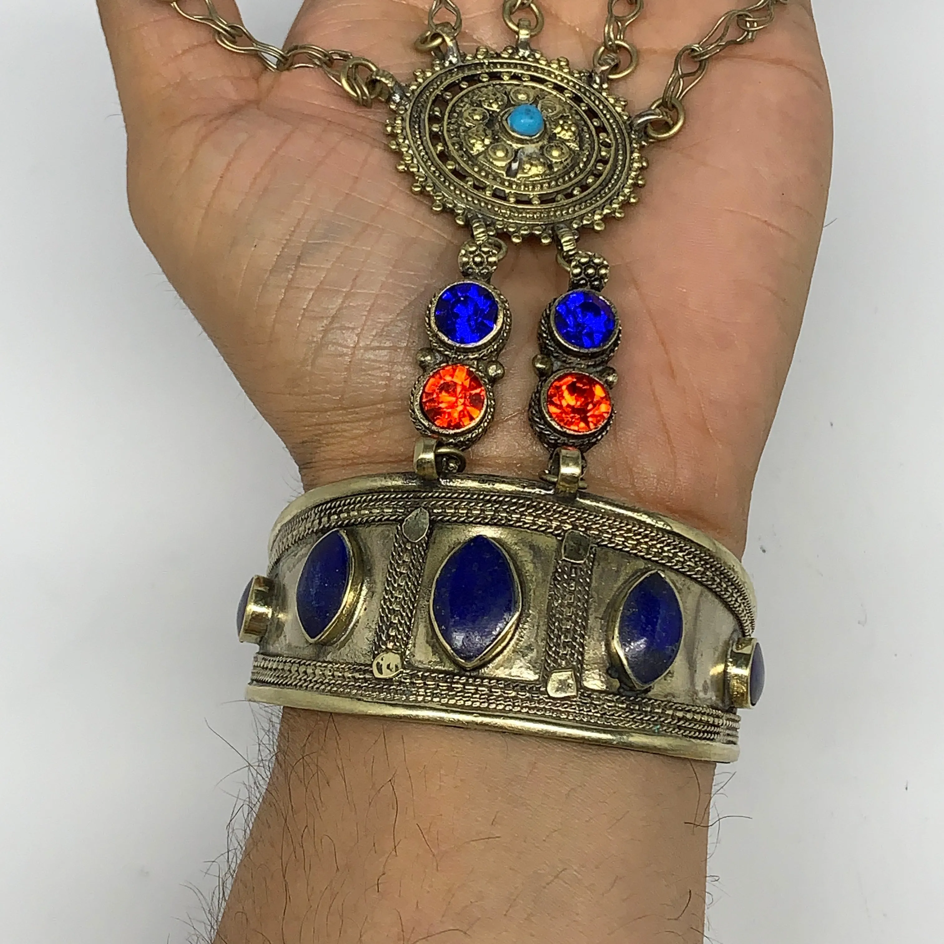 88.1g, 7.25" Tribal Turkmen Lapis Inlay 5 Finger Cuff Bracelet @Afghanistan, B13