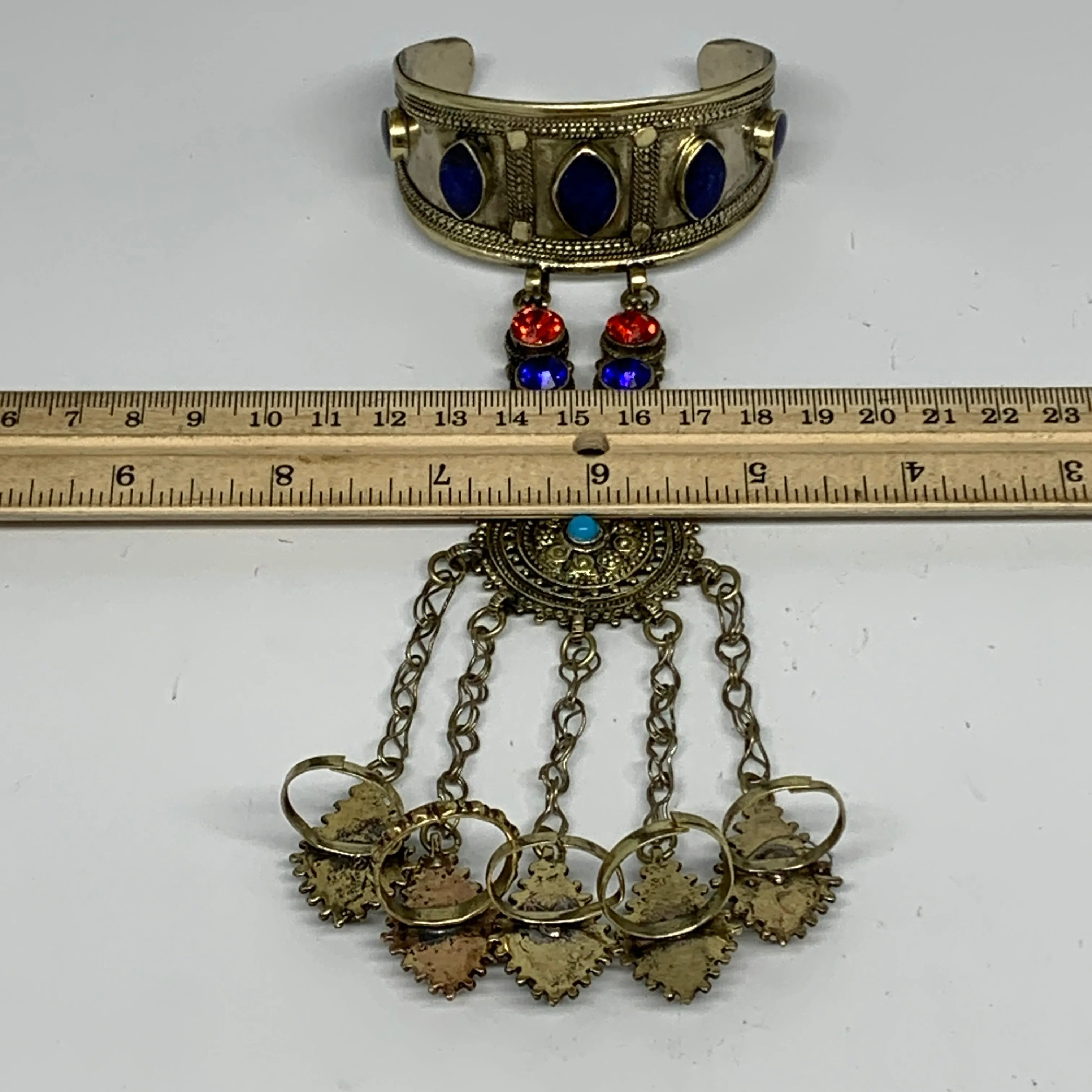 88.1g, 7.25" Tribal Turkmen Lapis Inlay 5 Finger Cuff Bracelet @Afghanistan, B13