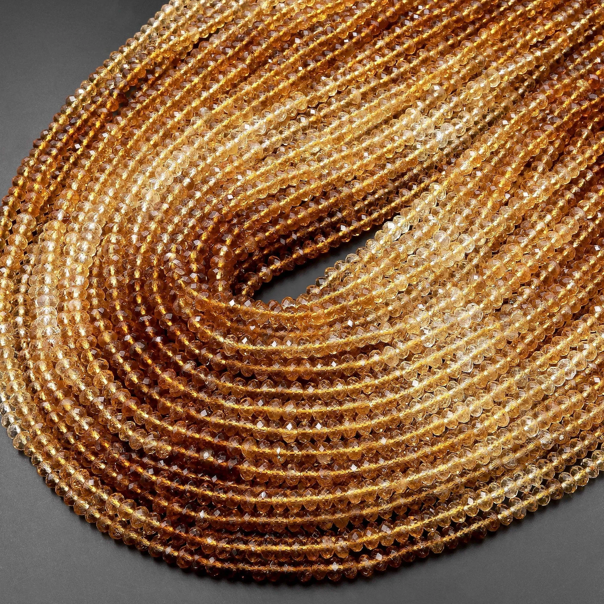AAA Faceted Natural Golden Yellow Citrine Rondelle Beads 4mm Graduated Ombre Colors 15.5" Strand