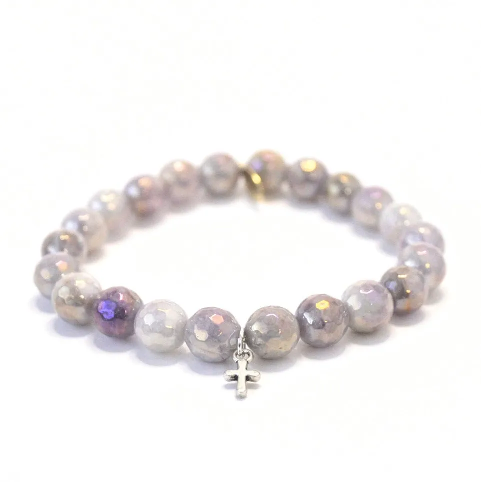 Amethyst Crystal Bracelet | Silver Cross Charm