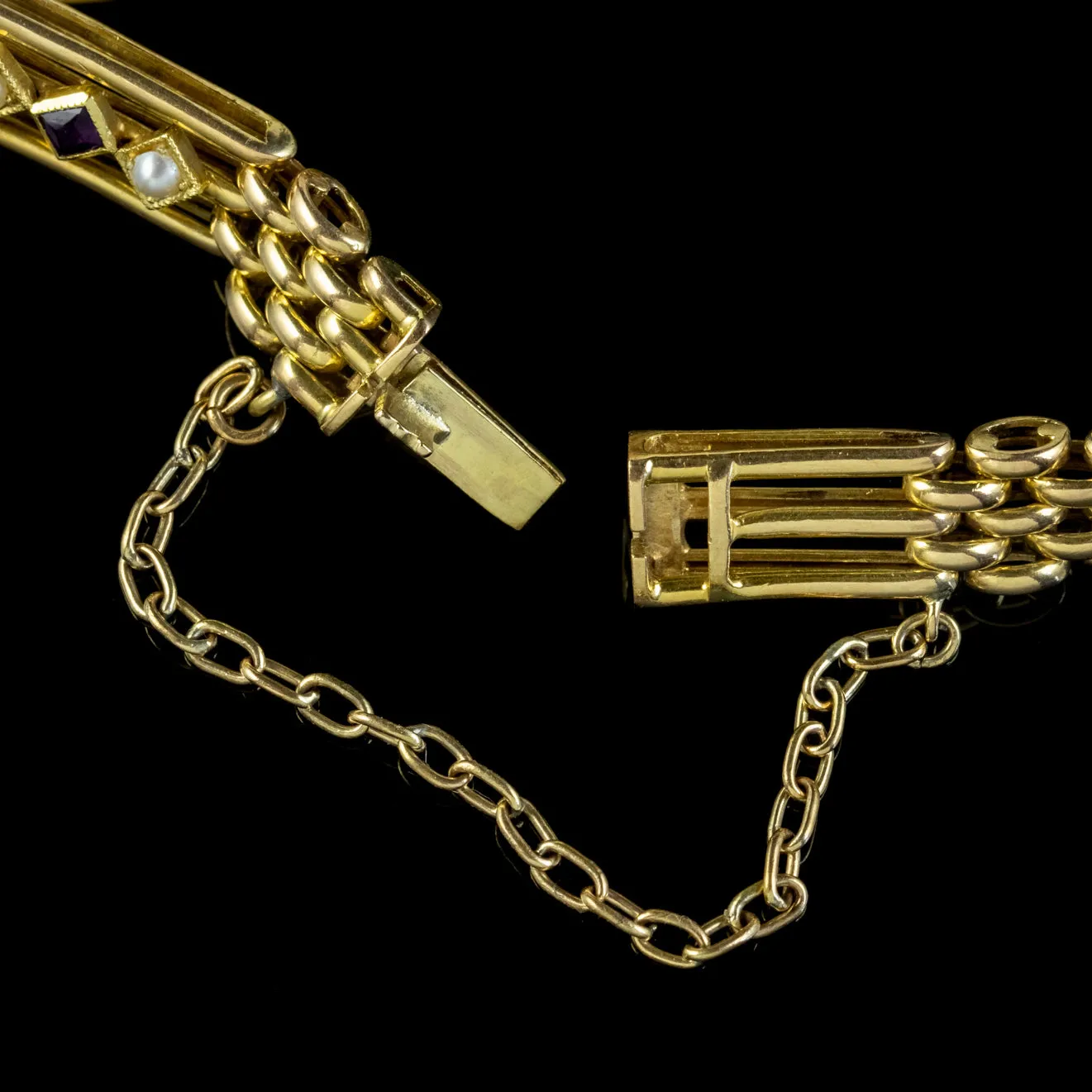 Antique Edwardian Suffragette Gate Bracelet 15ct Gold Amethyst Emerald Pearl Circa 1910