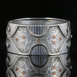 Antique Victorian Silver Gold Bangle Forget Me Not Circa 1880
