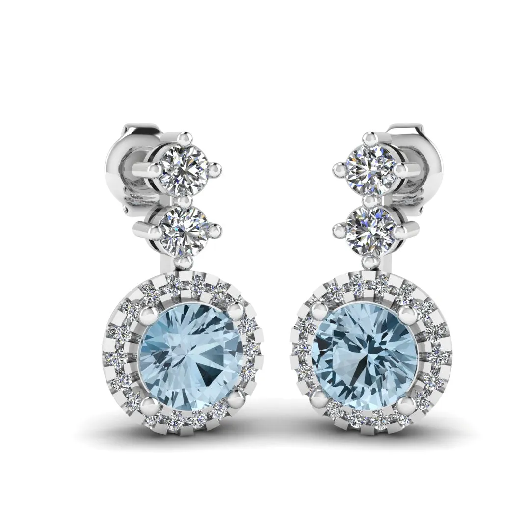 Aquamarine 1.10 Carat Round Shape Halo Natural Diamond Drop Earrings E1RBA