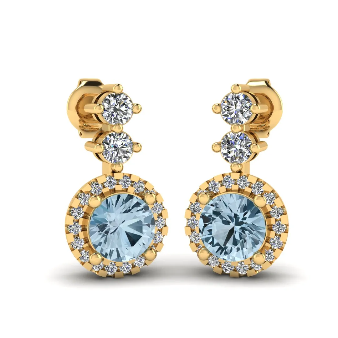 Aquamarine 1.10 Carat Round Shape Halo Natural Diamond Drop Earrings E1RBA