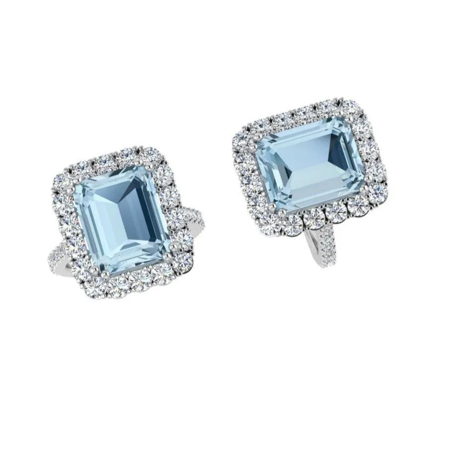 Aquamarine and Diamond Halo Ring 14K Gold