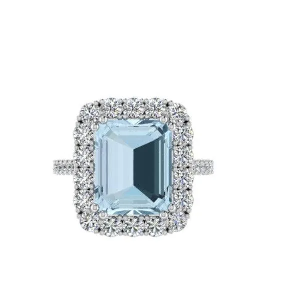 Aquamarine and Diamond Halo Ring 14K Gold