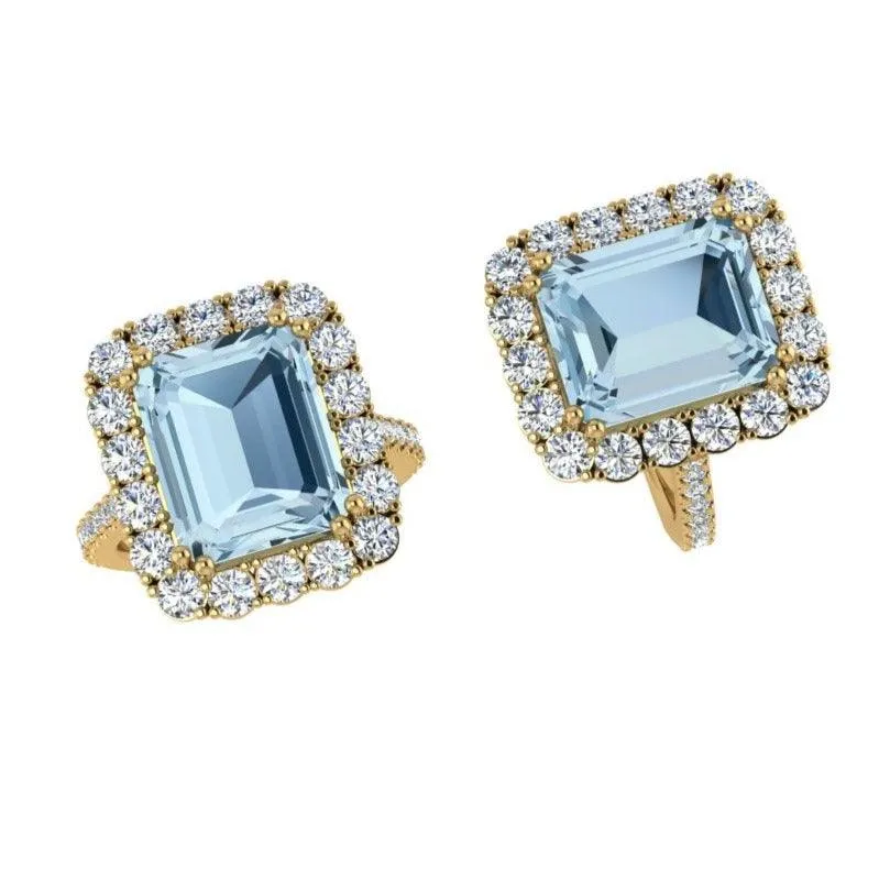 Aquamarine and Diamond Halo Ring 14K Gold