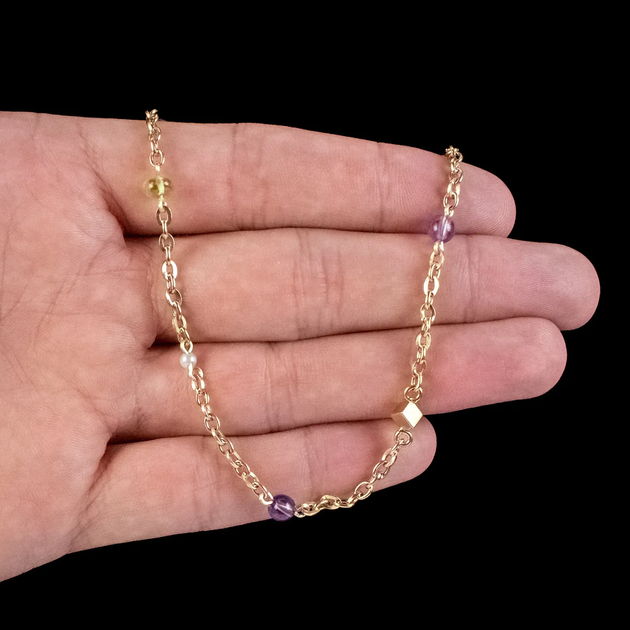 Art Deco Suffragette Chain Necklace 18ct Gold Amethyst Peridot Pearl