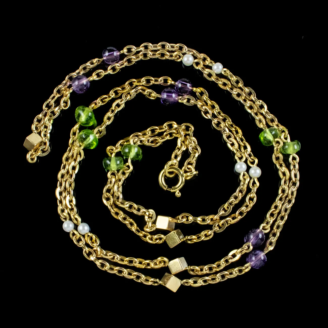 Art Deco Suffragette Chain Necklace 18ct Gold Amethyst Peridot Pearl