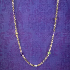 Art Deco Suffragette Chain Necklace 18ct Gold Amethyst Peridot Pearl