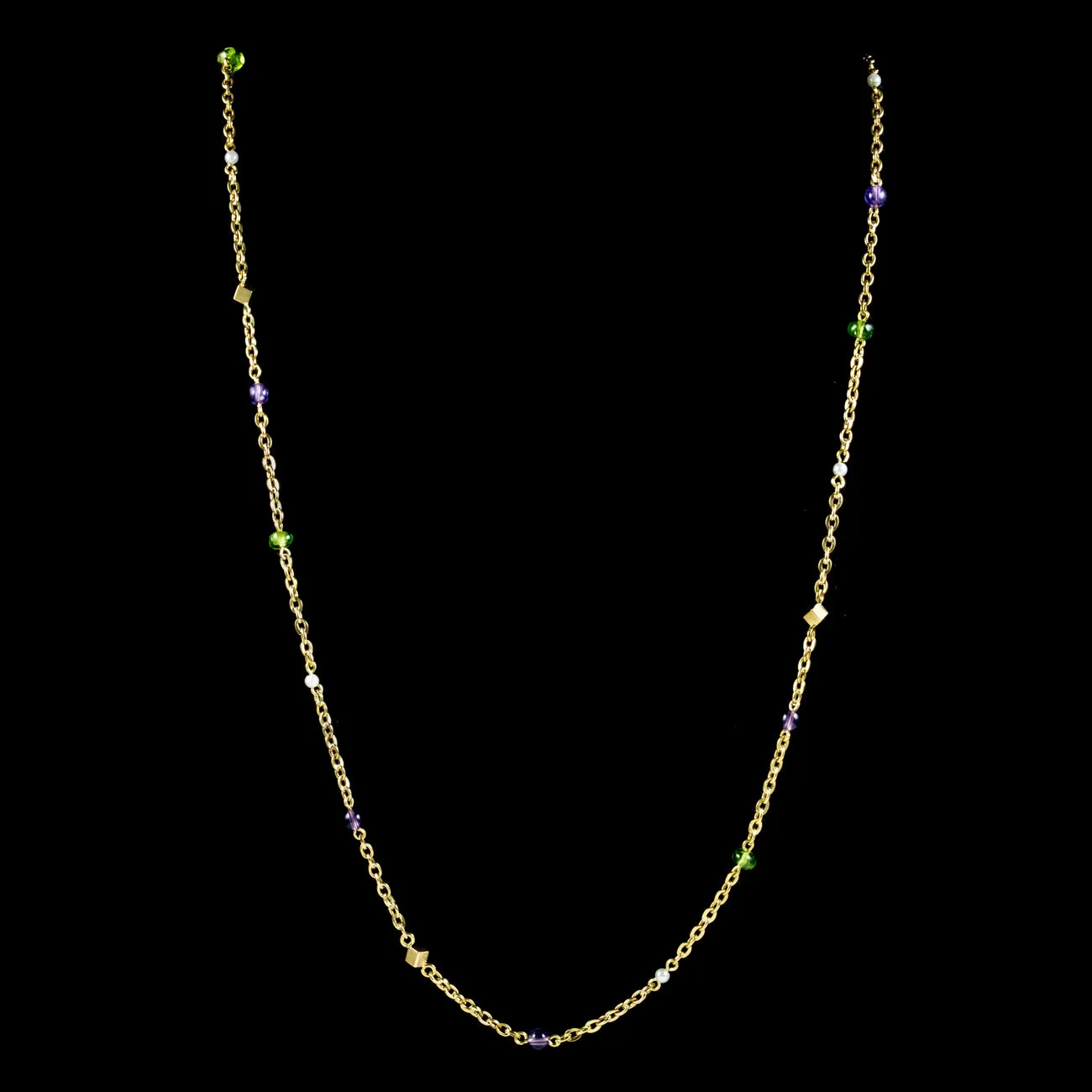 Art Deco Suffragette Chain Necklace 18ct Gold Amethyst Peridot Pearl