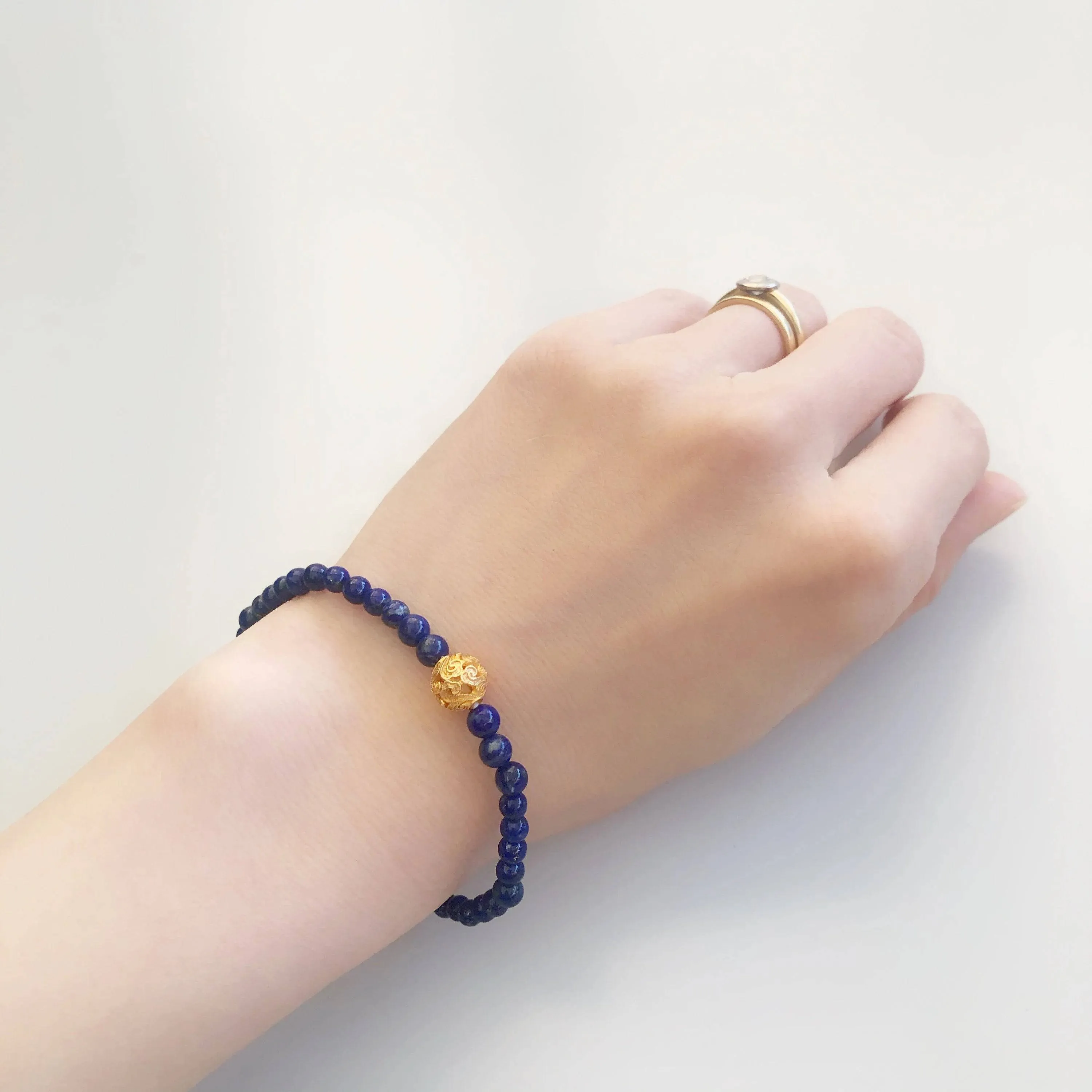 Auspicious Beaded Lapis Bracelet 4mm Gold