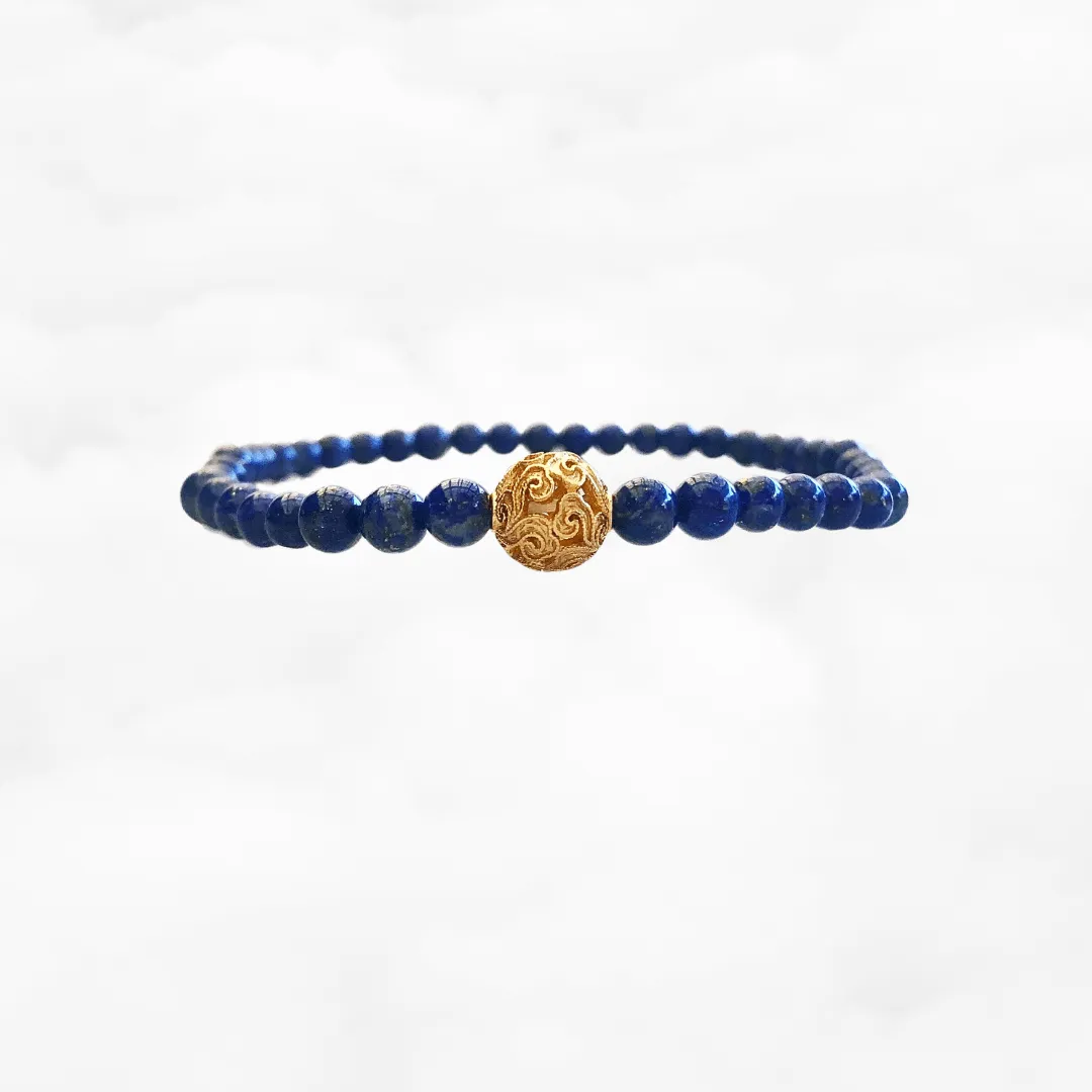 Auspicious Beaded Lapis Bracelet 4mm Gold