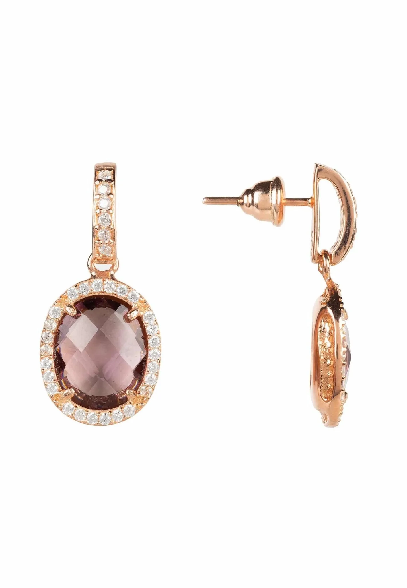 Beatrice Oval Gemstone Drop Earrings Rose Gold Amethyst Hydro