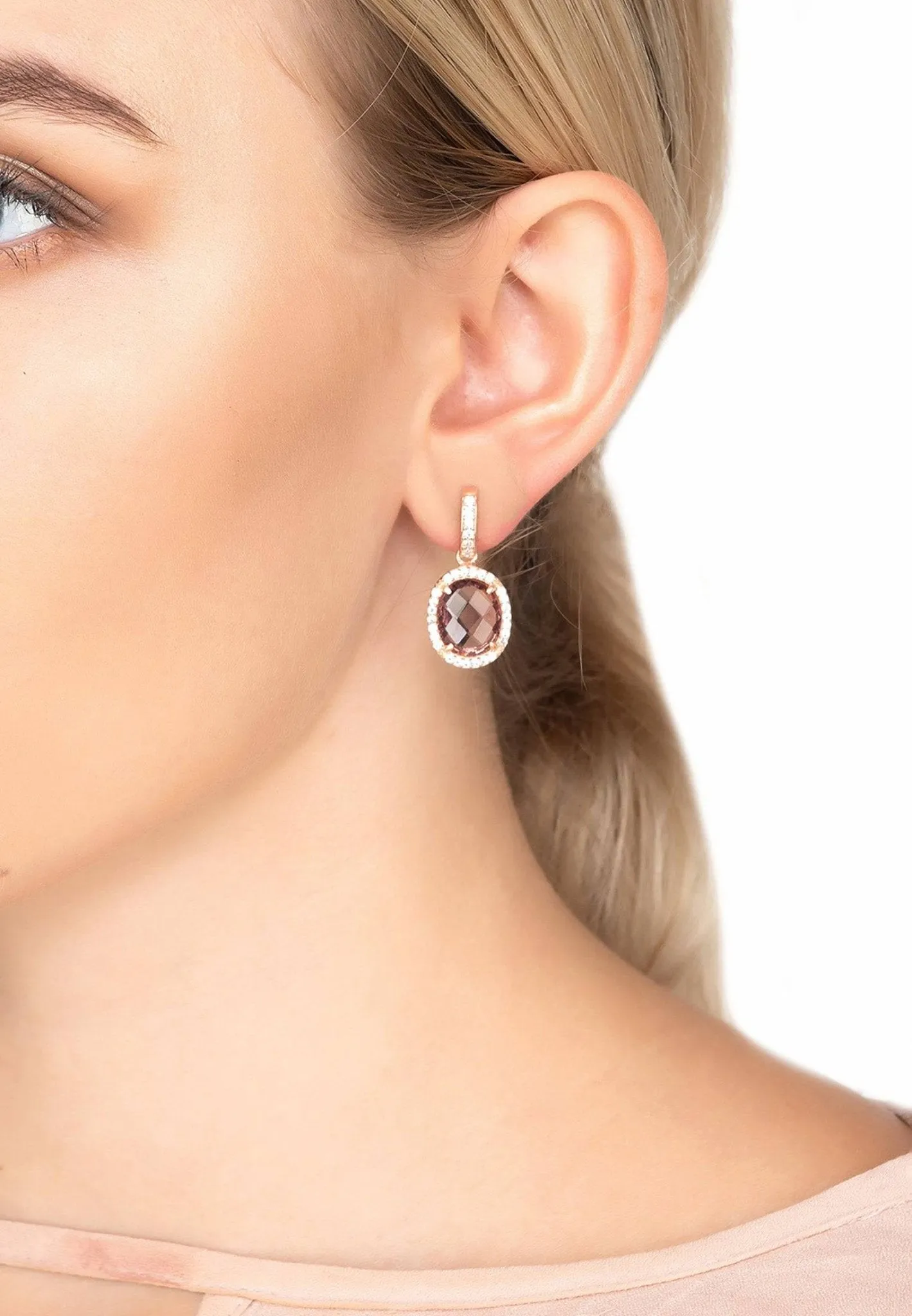 Beatrice Oval Gemstone Drop Earrings Rose Gold Amethyst Hydro