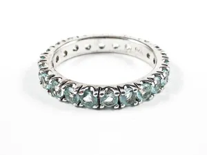 Beautiful Round Shape Aquamarine Color CZ Eternity Silver Band Ring