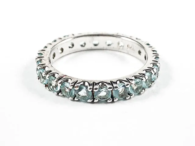 Beautiful Round Shape Aquamarine Color CZ Eternity Silver Band Ring